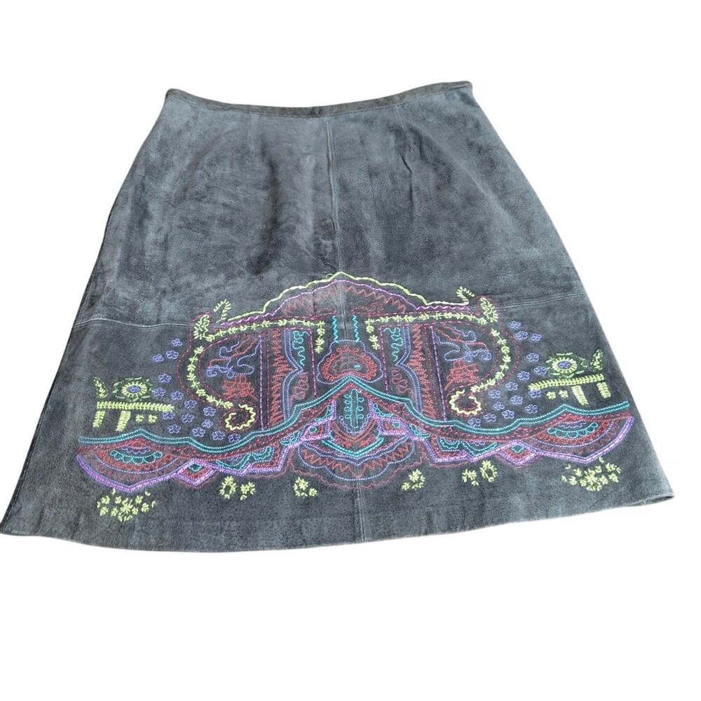 Vintage Embroidered Leather Suede A-line Fully Lined Skirt Size 14 Petite